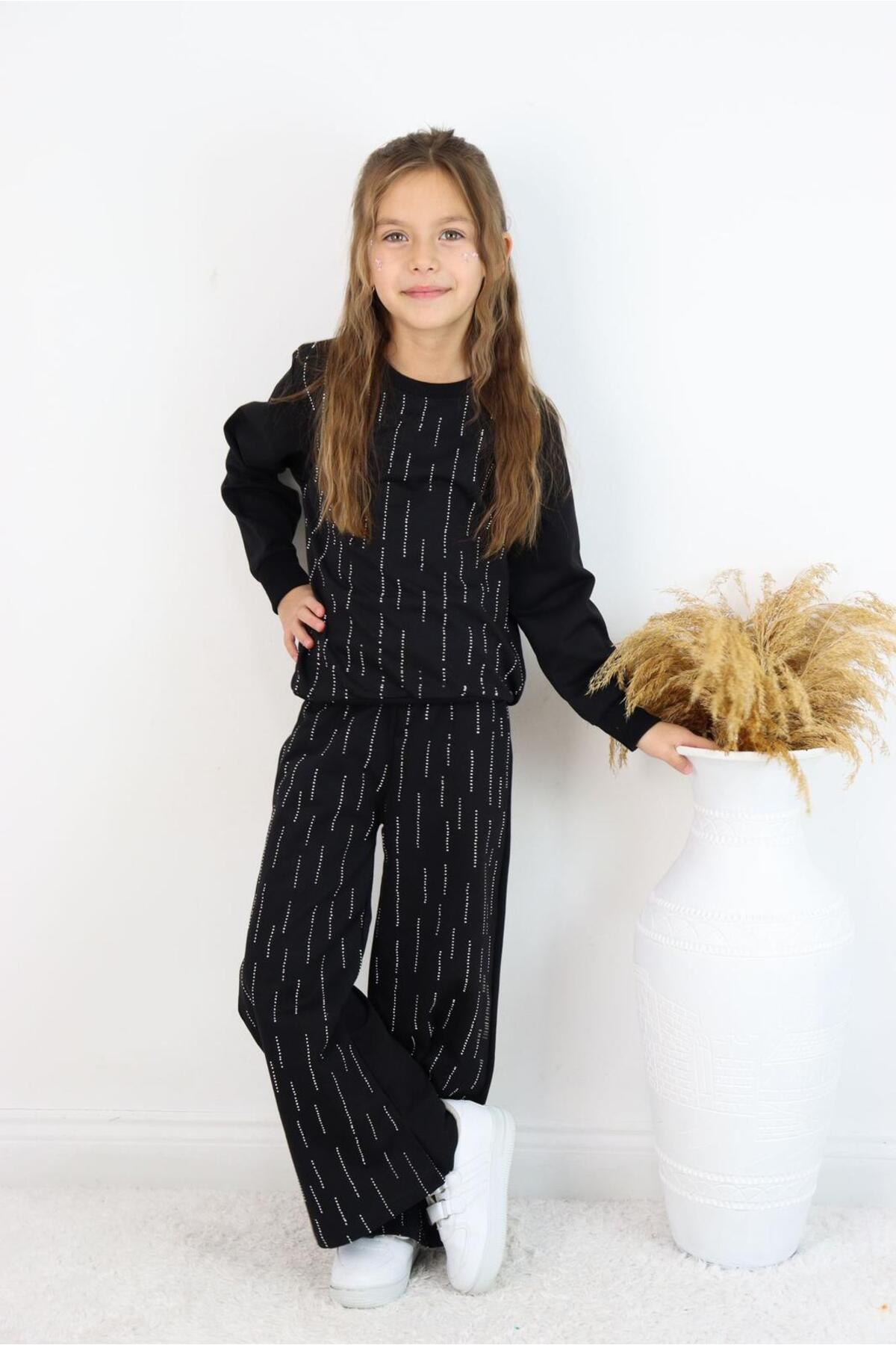 Stone Detailed Girls Black Bottom Top Set Tracksuit