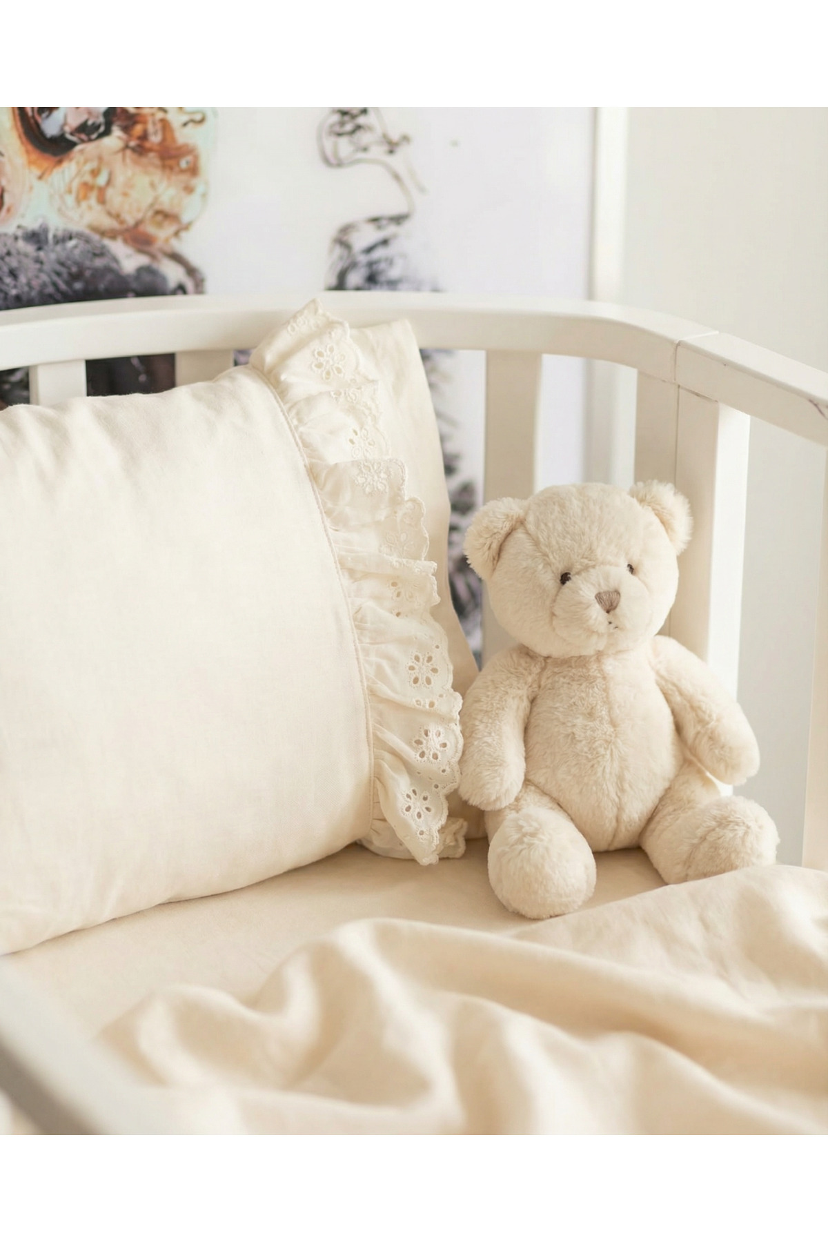 Pufuduk Baby Lüks Fisto İşlemeli %100 Pamuk 2 Katlı Müslin Lastikli Bebek Çarşaf ve Yastık Seti - Krem fotoğrafı 3 (önizleme)