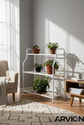 ARVİONHOME Beyaz 3 Katlı Metal Mutfak Ve Saksılık Raflı