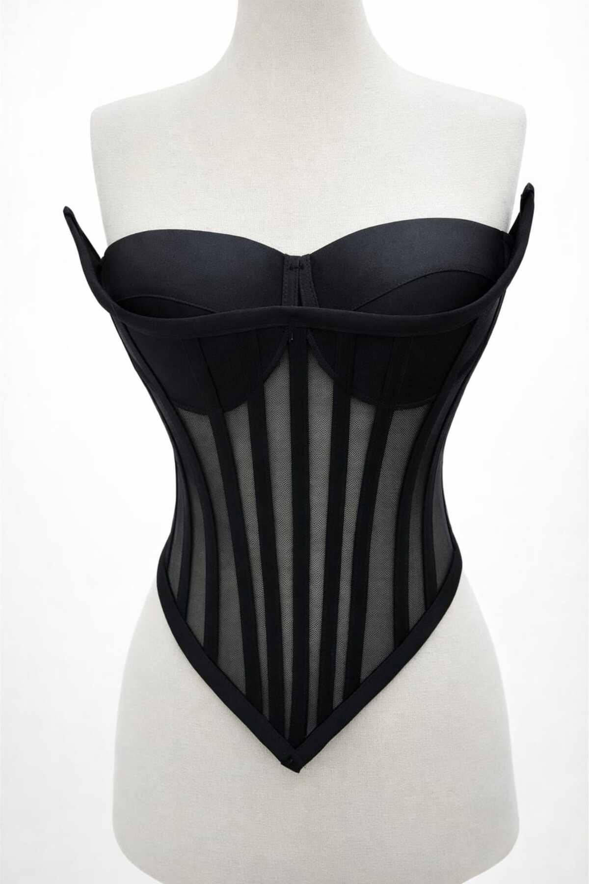 FİYPER  Siyah Transparan Balenli Korse Büstiyer Hazır Beden - Görsel 2