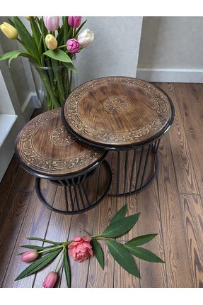 DNC Art&Deco 2'li İç İçe Geçmeli El Oyması Ahşap Orta Sehpa Seti - Yuvarlak D...