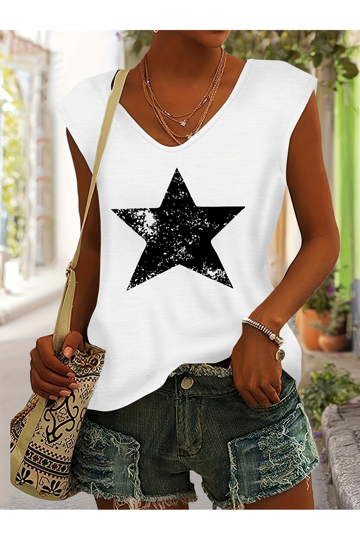 Women's Sleeveless V-Neck Printed Casual Cut Loose Fit T-shirt
