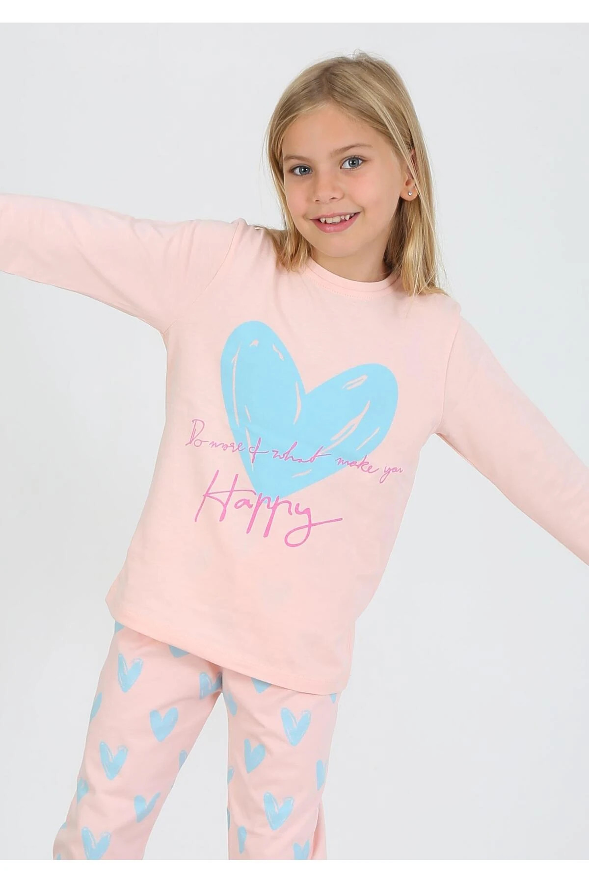 Little Miny Kids Kalp Desen %100 Pamuk Pudra Pembe Kız Çocuk Pijama Takım fotoğrafı 4 (önizleme)