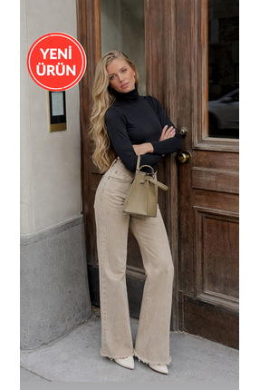 Perryes Kadın Yüksek Bel Vintage Yıkama Bol Paça Wide Leg Jean Pantolon