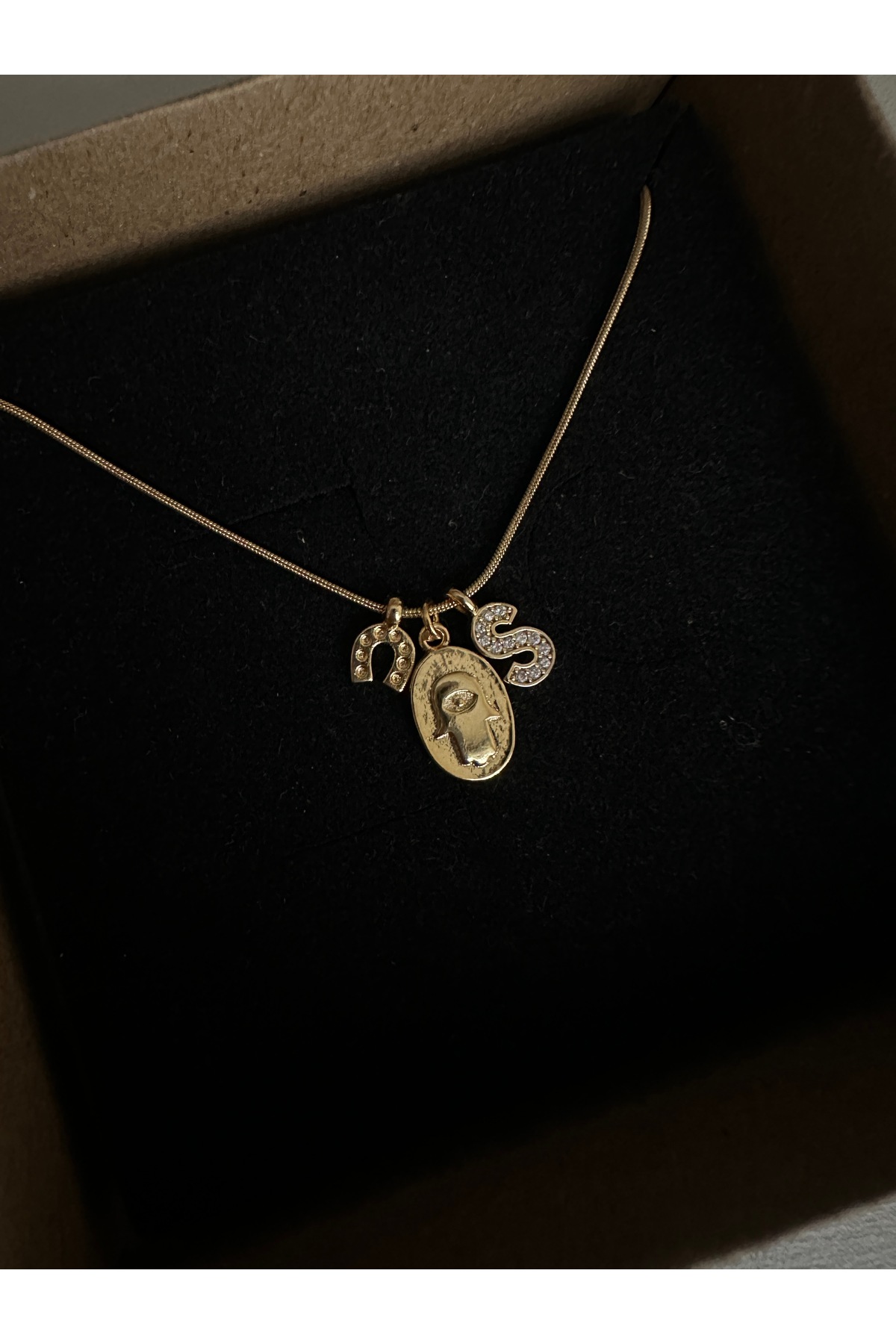 Hamsa Plaka Nal Ve Harf Charm Çelik Zincirli Gold Kadın Kolye (45 Cm) – Sevgililer Günü Özel - Detay Görseli 1