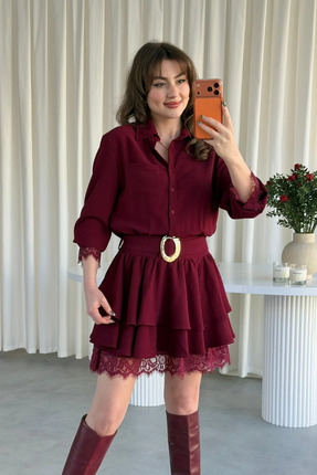 MOZENA Dantel Biyeli Katlı Kemerli Mini Gömlek Elbise