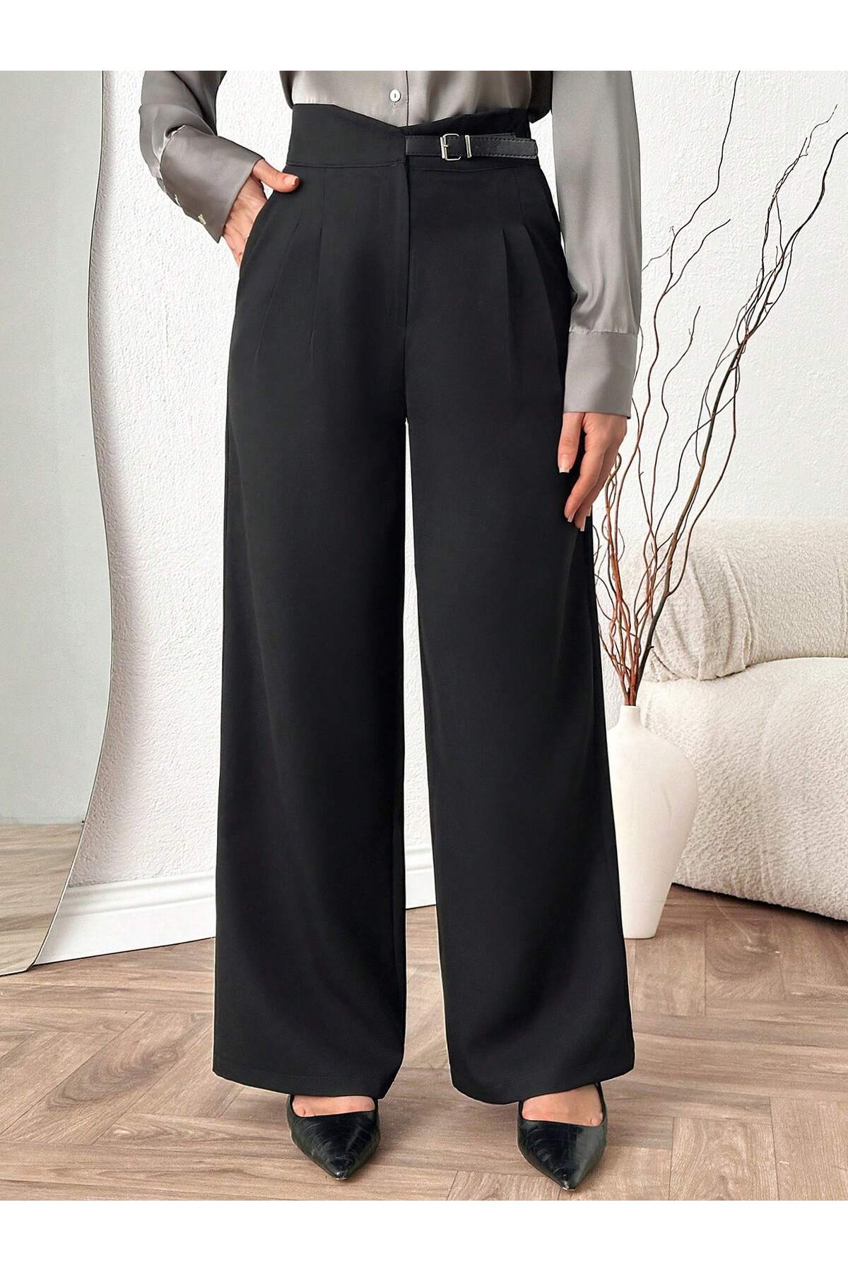 DUUE FASHİON  Kadın Palazzo Yarım Kemer Kumaş Pantolon - Görsel 3