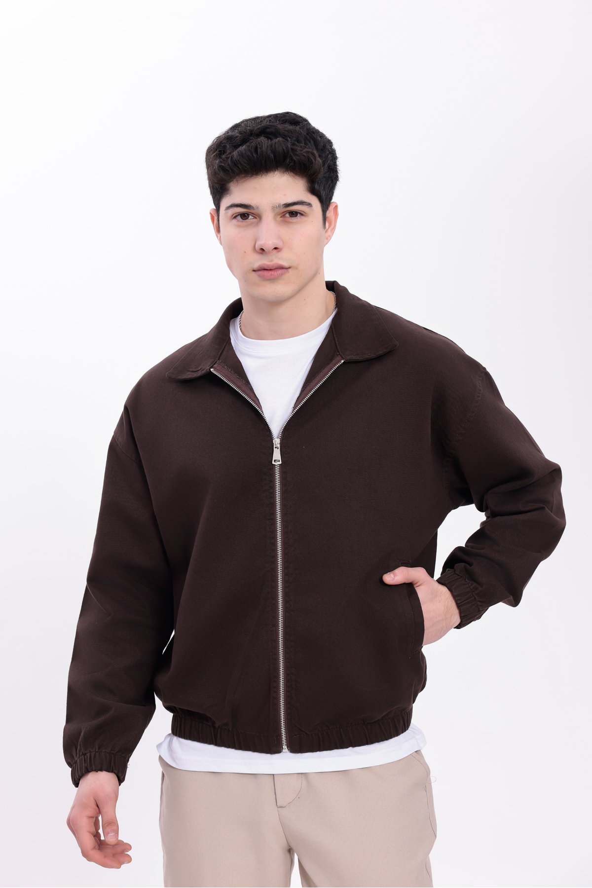 Gizrain  Erkek Kiremit Gabardin Kumaş Fermuarlı Oversize Beli Lastikli Mevsimlik Mont Ceket - Görsel 7