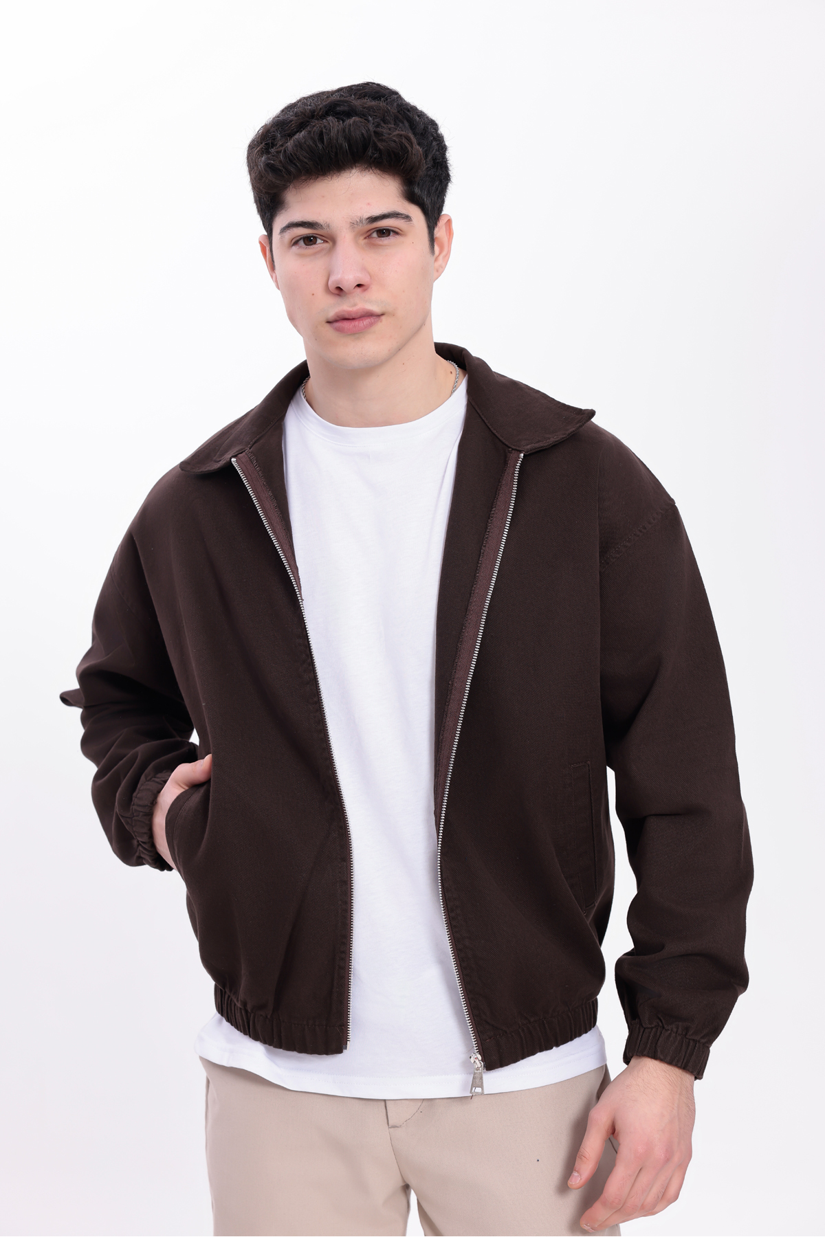 Gizrain  Erkek Kiremit Gabardin Kumaş Fermuarlı Oversize Beli Lastikli Mevsimlik Mont Ceket - Görsel 5