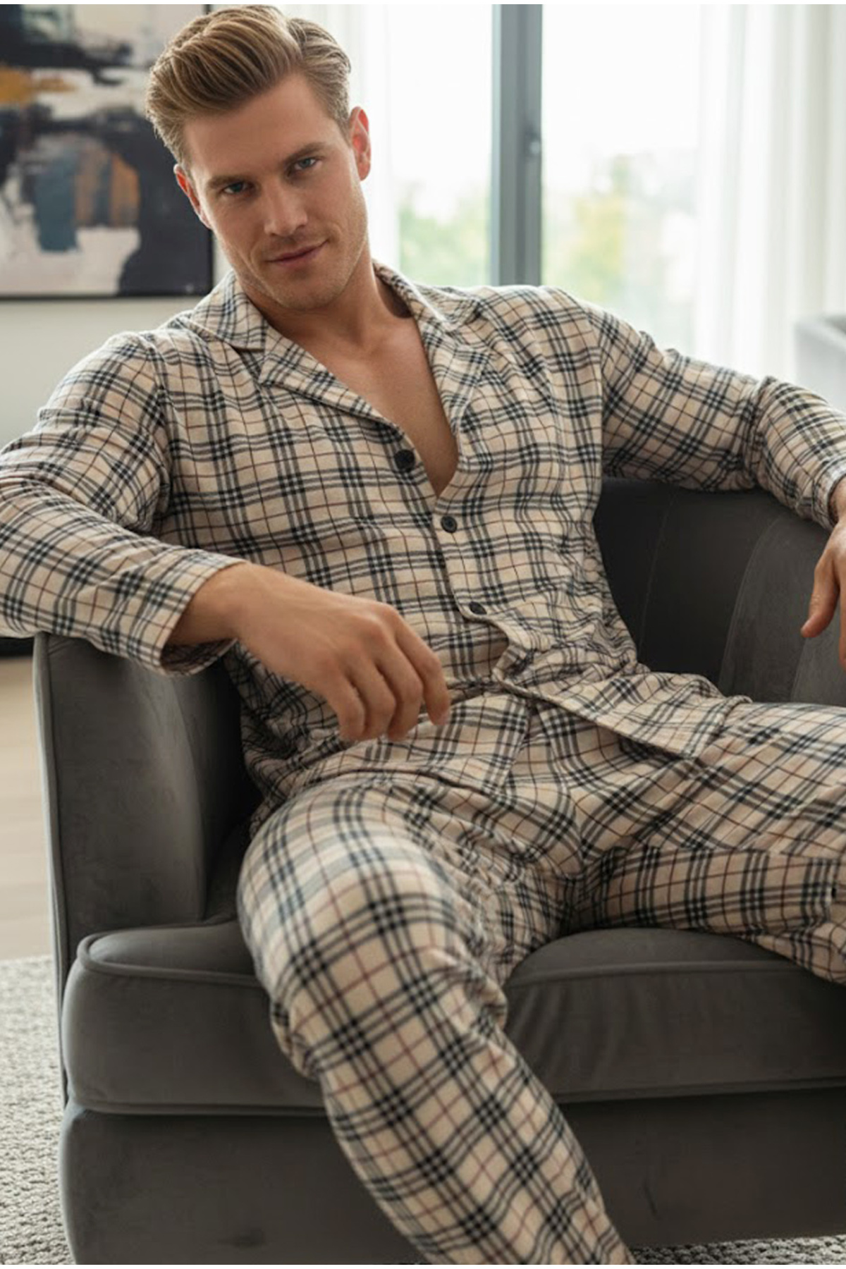 Siyah İnci bej ekoseli %100 Pamuklu Örme Düğmeli Pijama Takım 7985