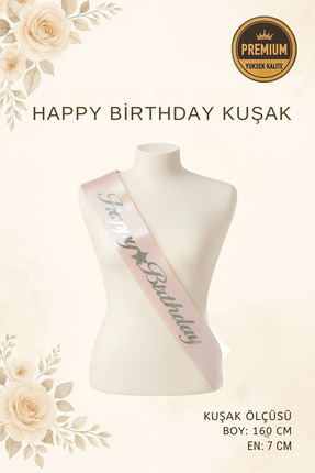 NEWPARİ Happy Birthday Yazılı Pembe Üstüne Gümüş Yaldız Baskılı Kuşak Doğum G...