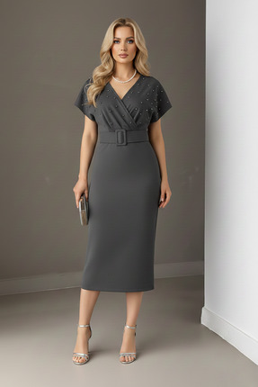 KHİ-ZAİ Kadın Kemerli Scuba Kumaş İnci Detaylı Elbise