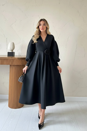 KHİ-ZAİ Kadın Gül Detay Balon Kol Kruvaze Yaka Pileli Scuba Kumaş Elbise