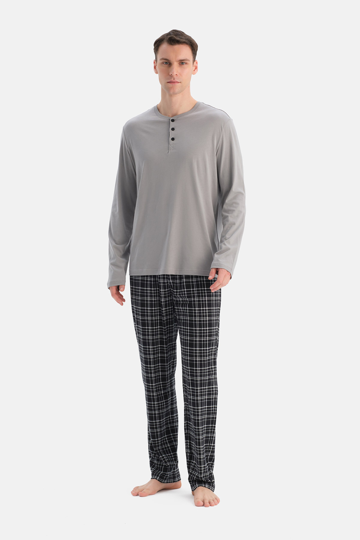 Dagi Gri Uzun Kollu Pat Detaylı Tişört Ekose Pantolon Pijama Takımı