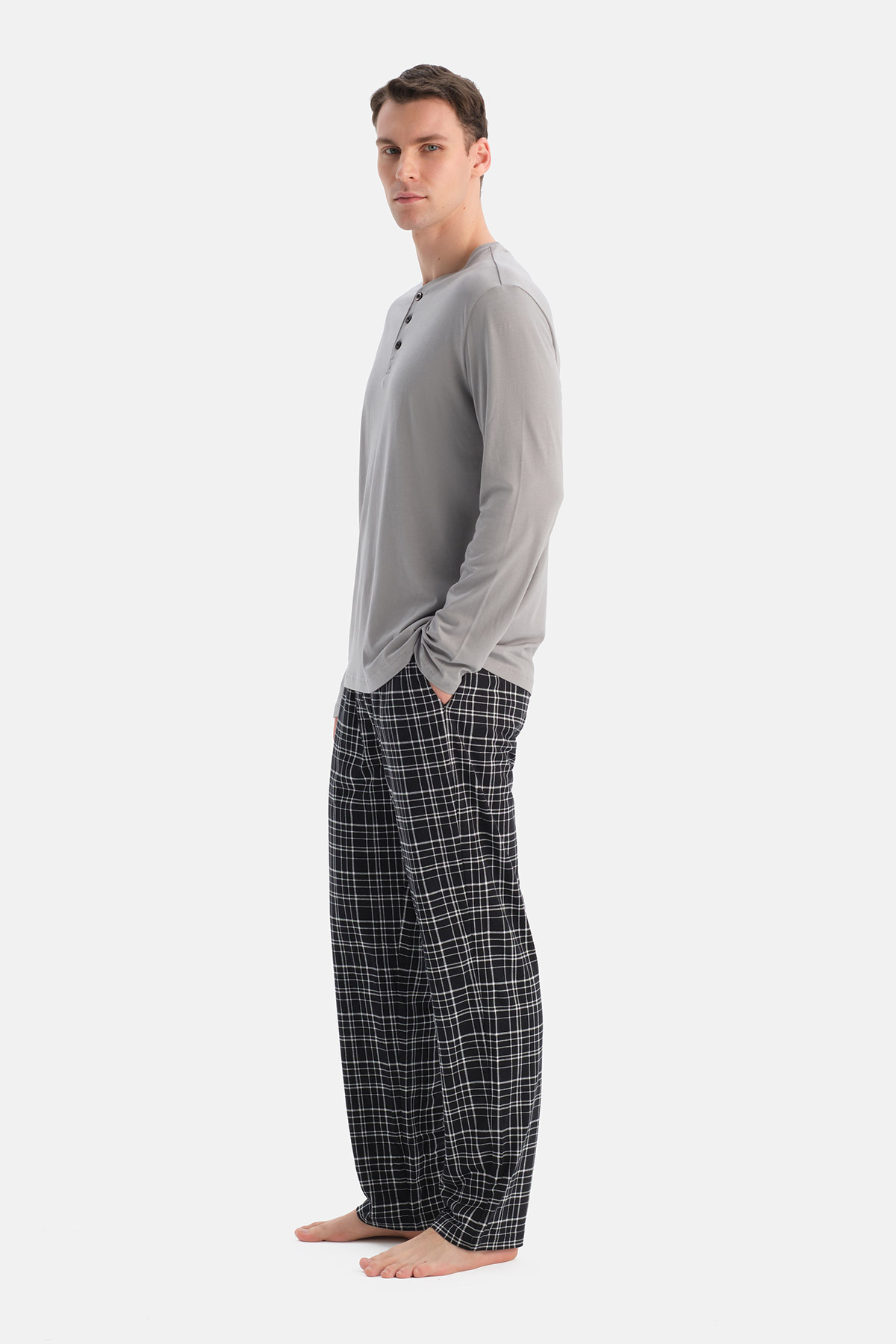 Dagi Gri Uzun Kollu Pat Detaylı Tişört Ekose Pantolon Pijama Takımı görsel 3