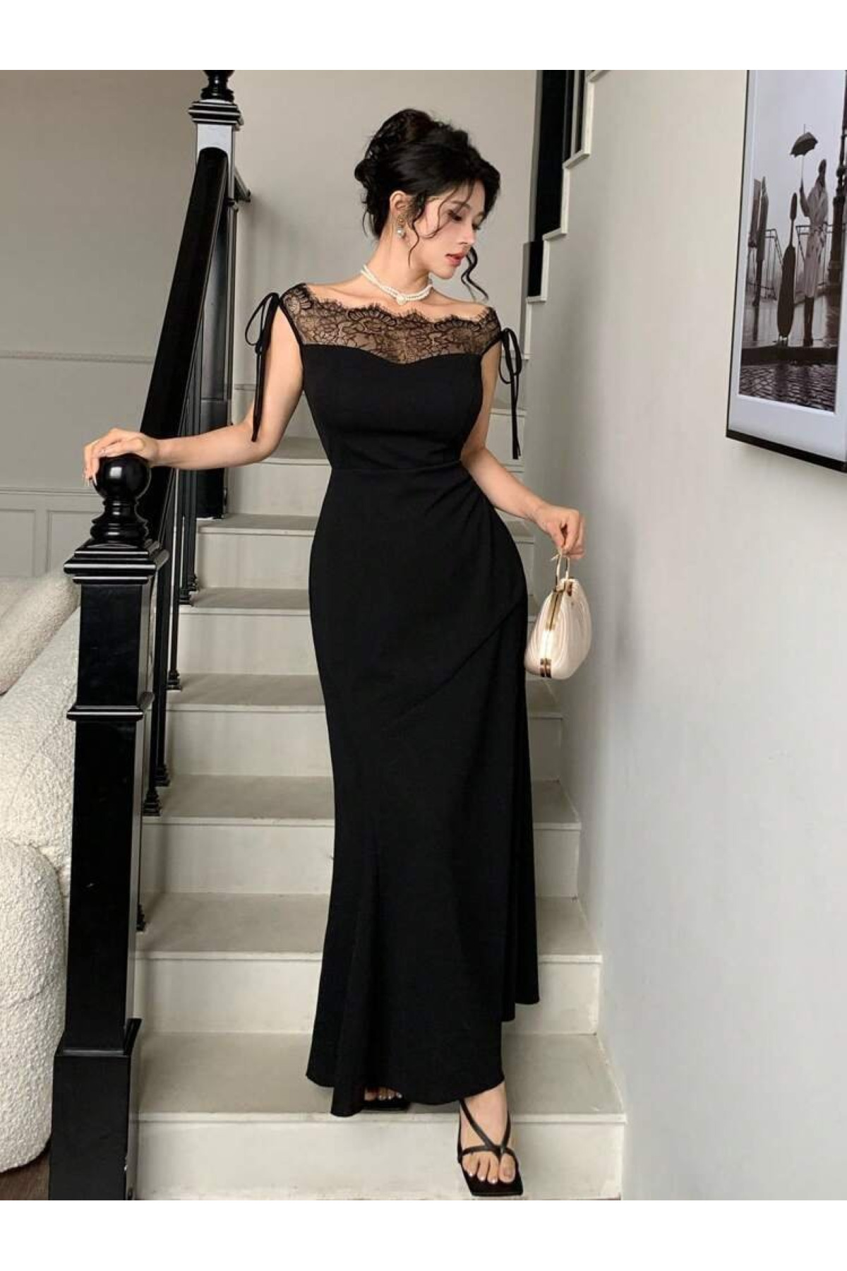 JANES  Kadın Göğüs Ve Yakası Dantel Detaylı Askılı Uzun Krep Trend Elbise, -Özel Gün Ve Davetler İçin - Görsel 6