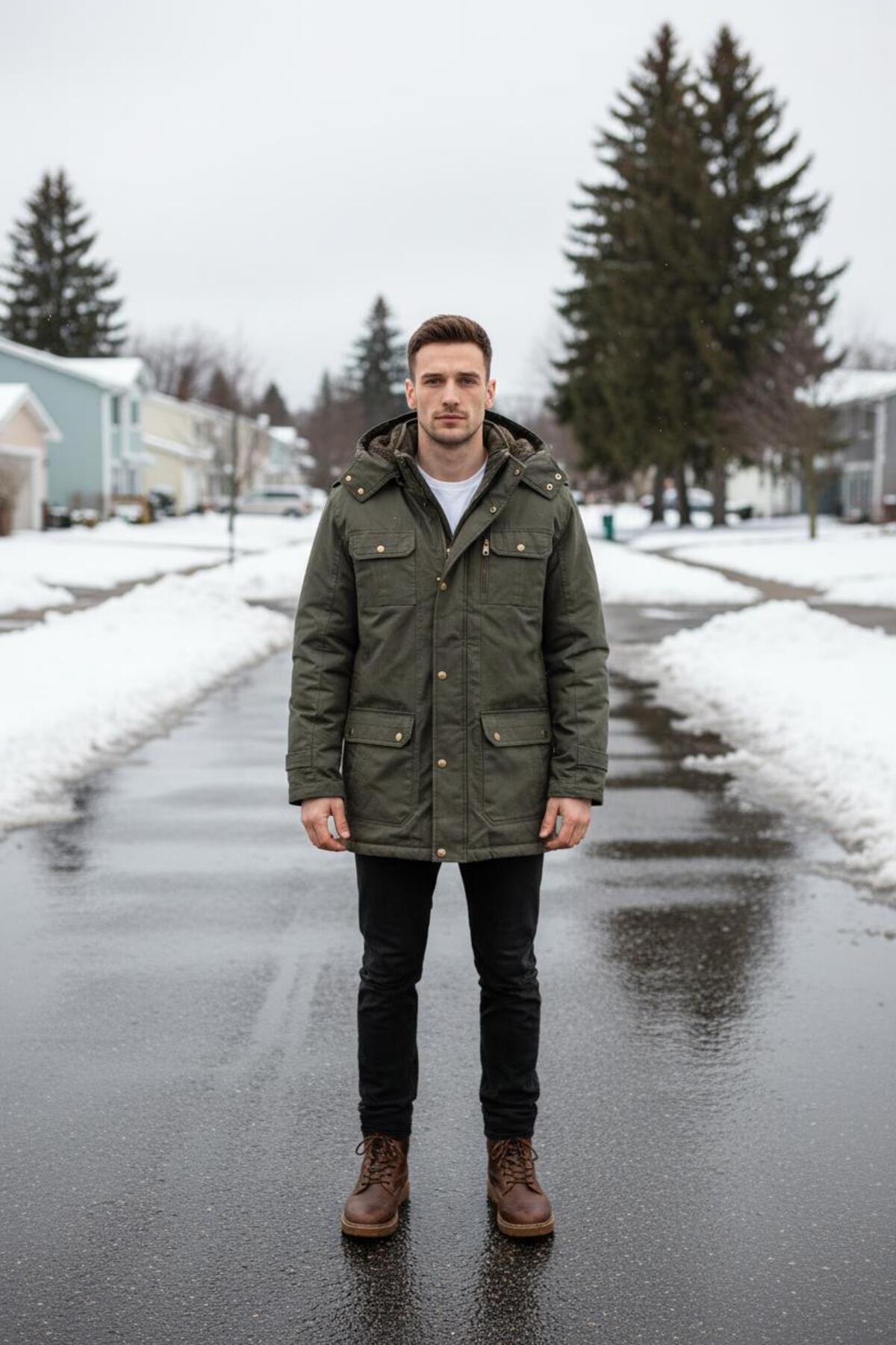 Dynamo  Erkek Askeri Yeşil Kapüşonlu Kürk Astarlı Su Geçirmez Kaplamalı Kalın Kaban - Görsel 2