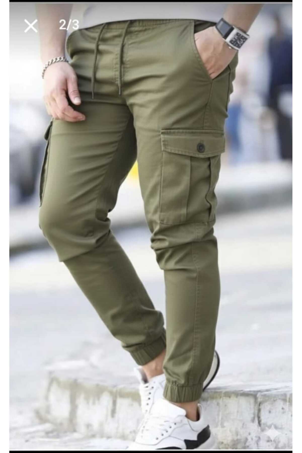 Erkek Haki Kaliteli Pamuklu Esnek Kargo Cepli Ve Beli Lastikli Jogger Pantolon — خاکی LFNY3 — تصویر 3 از 5