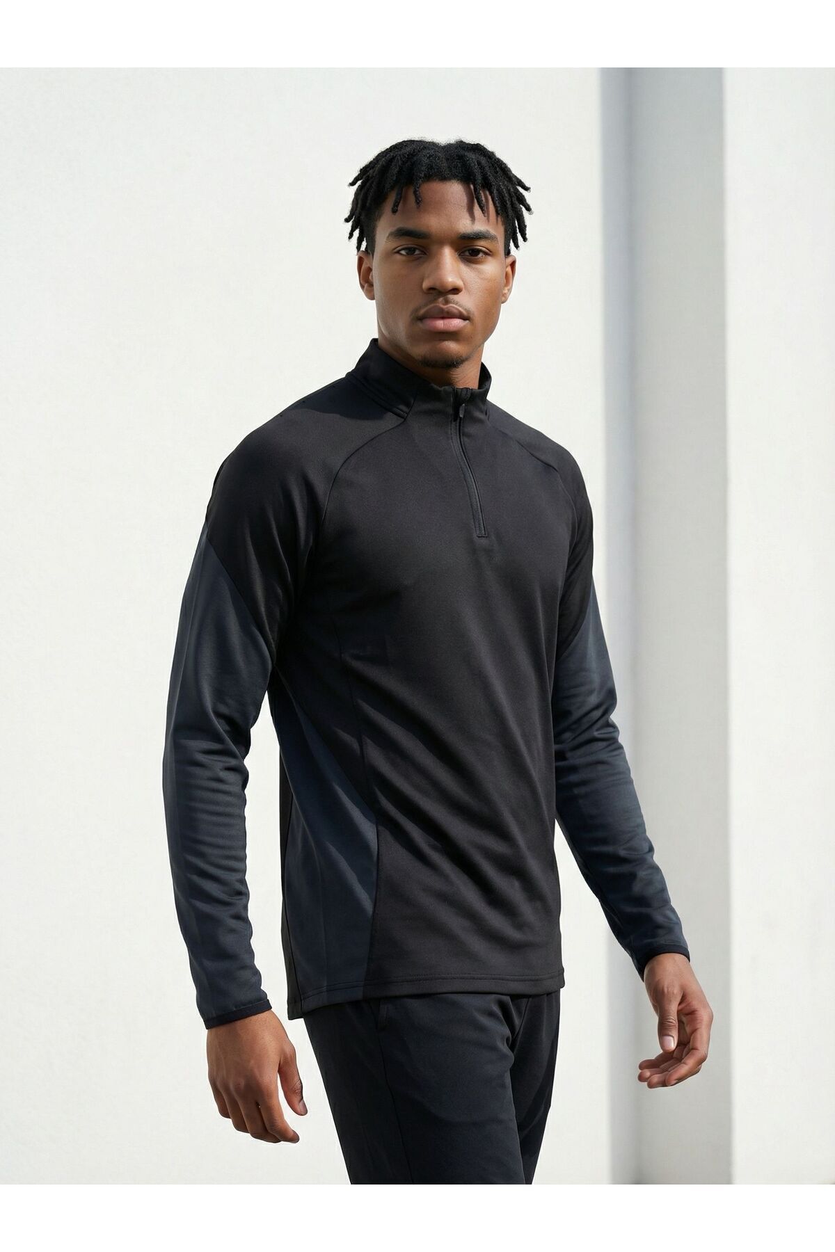 CLAW UP WORK Gramajlı Modal Kumaş Parça Detaylı Parmak Geçmeli Yarım Fermuarlı Erkek Siyah-Antrasit Sweatshirt görsel 3