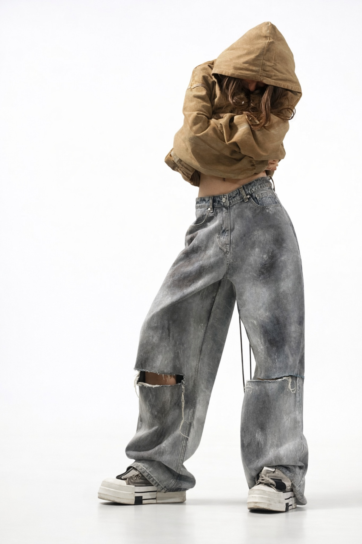 Alien 1979  Kadın Gri Kaplamalı Bol Paça Yırtık Jean Pantolon - Görsel 4