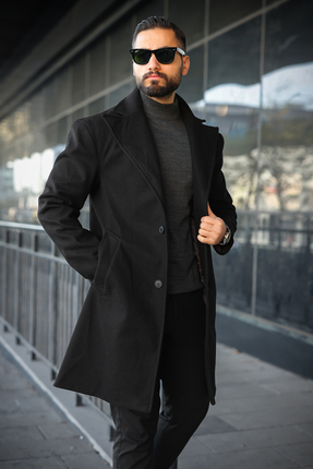 BASEL.CO Erkek Modern Kesim Kaşe Uzun Kaban