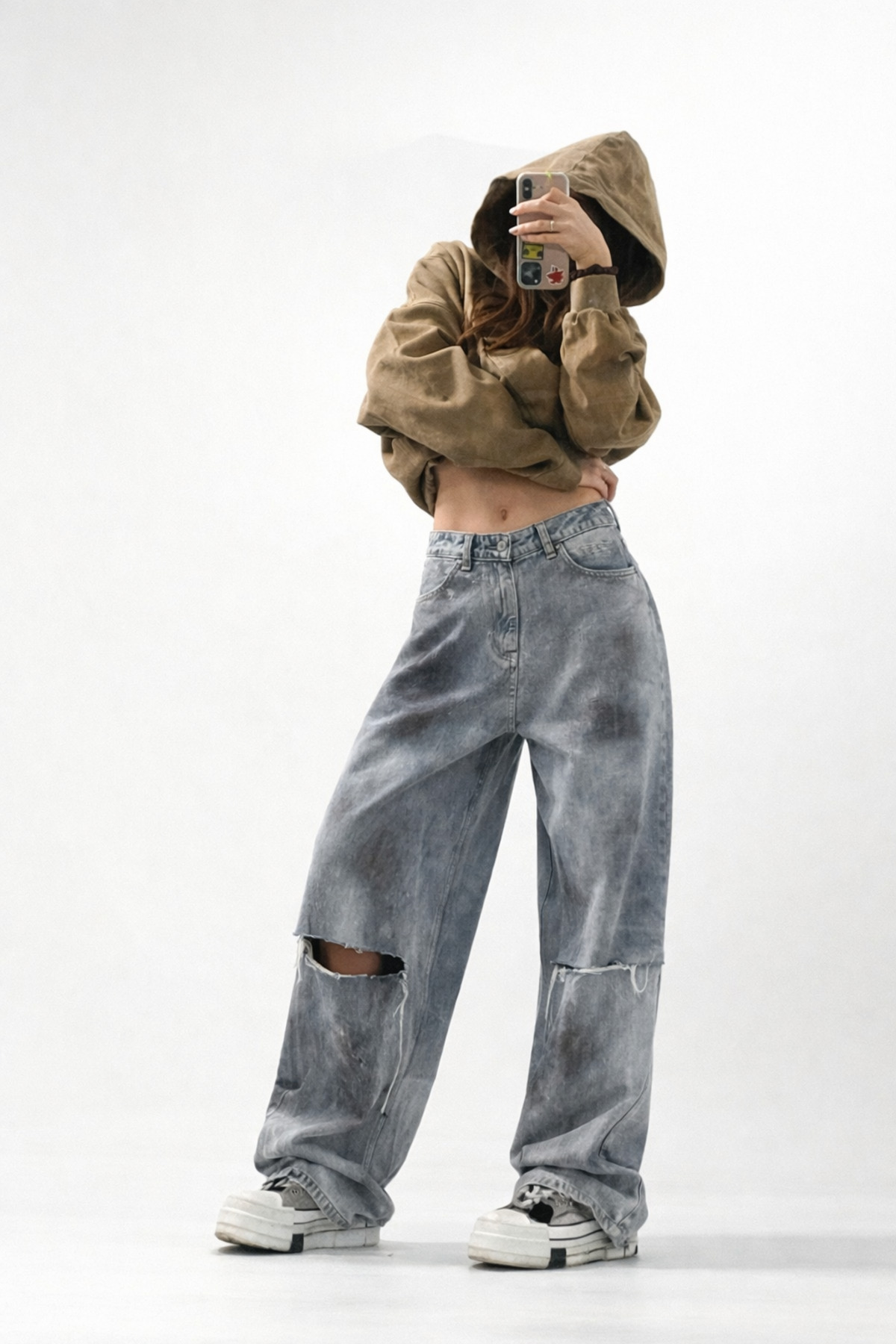 Alien 1979  Kadın Gri Kaplamalı Bol Paça Yırtık Jean Pantolon - Görsel 2