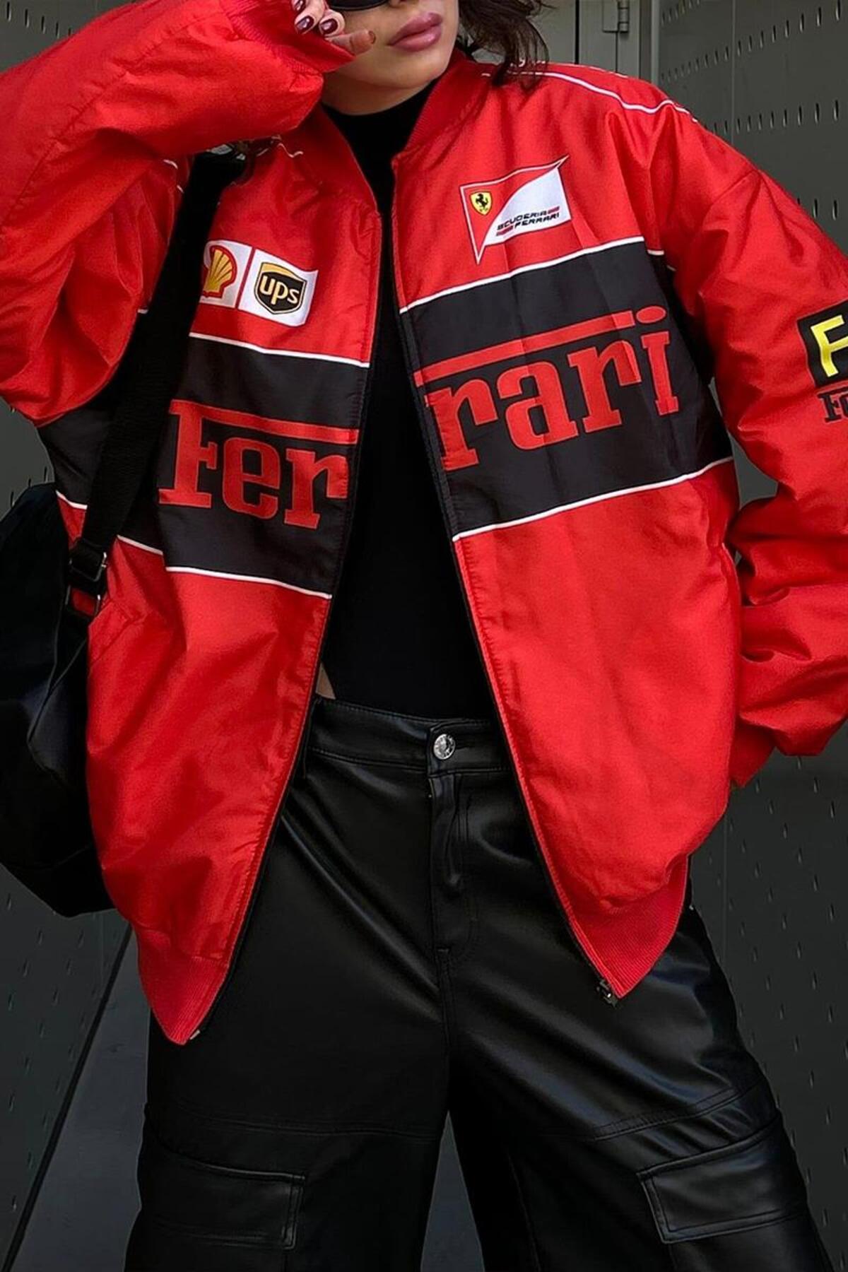 Karakedi  Kırmızı F1 Ferrari Racing Retro Unisex Bomber Ceket - Görsel 2