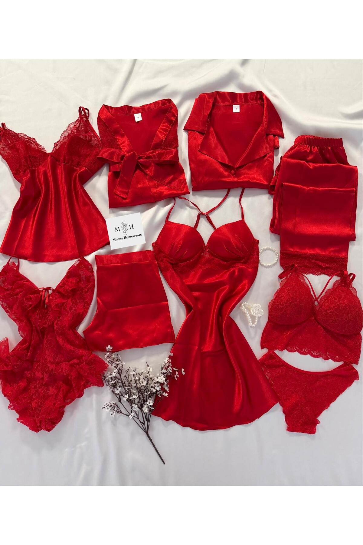 MH Moony Homewears 9'lu Kutulu Dakikala Kırmızı Saten Kaplı Gecelik Pijama İç Giyim Çeyiz Seti