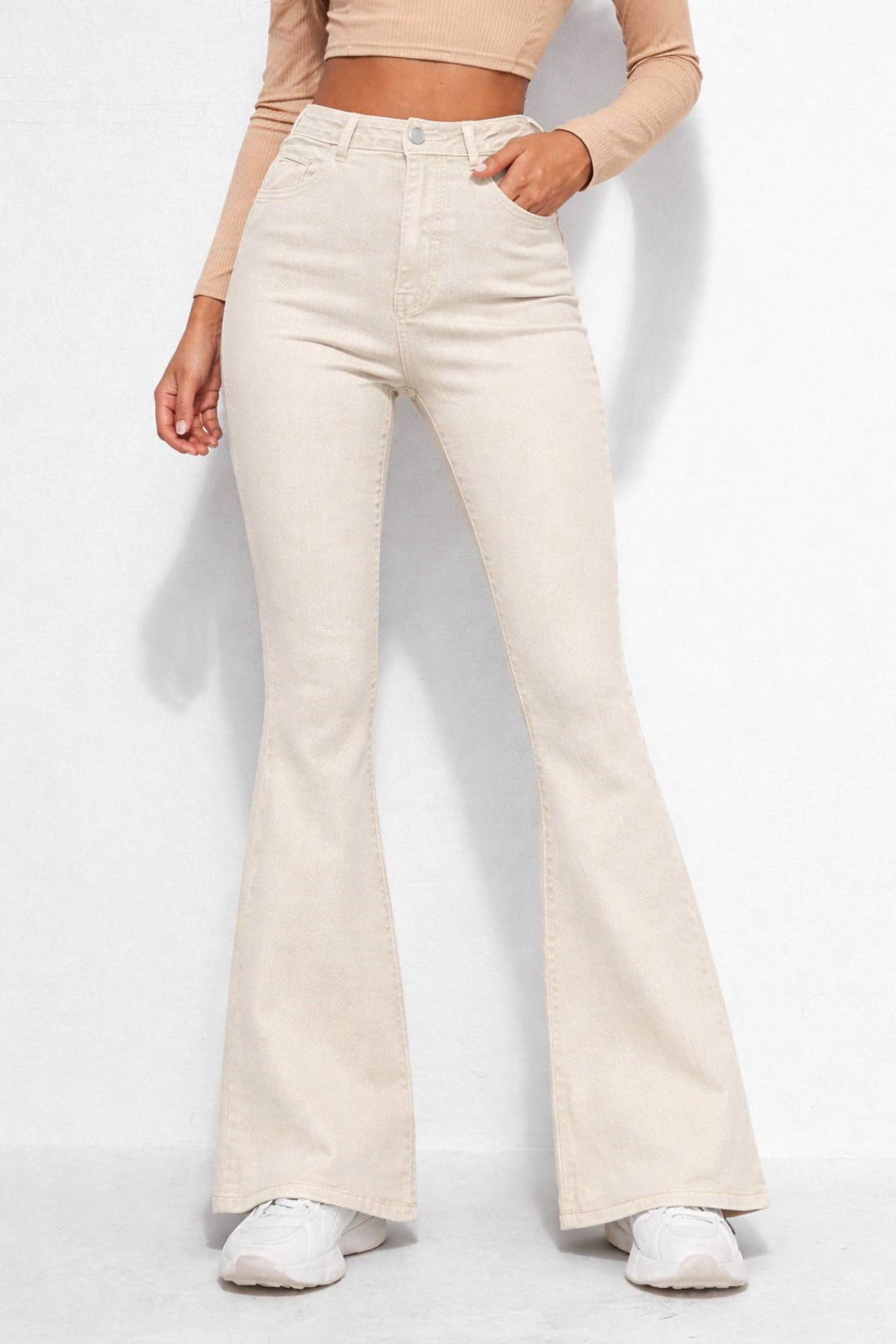 By Caspita Fashion  Kadın Yüksek Bel Power Likra Ultra Esnek Toparlayıcı Bej İspanyol Paça Jean - Görsel 4