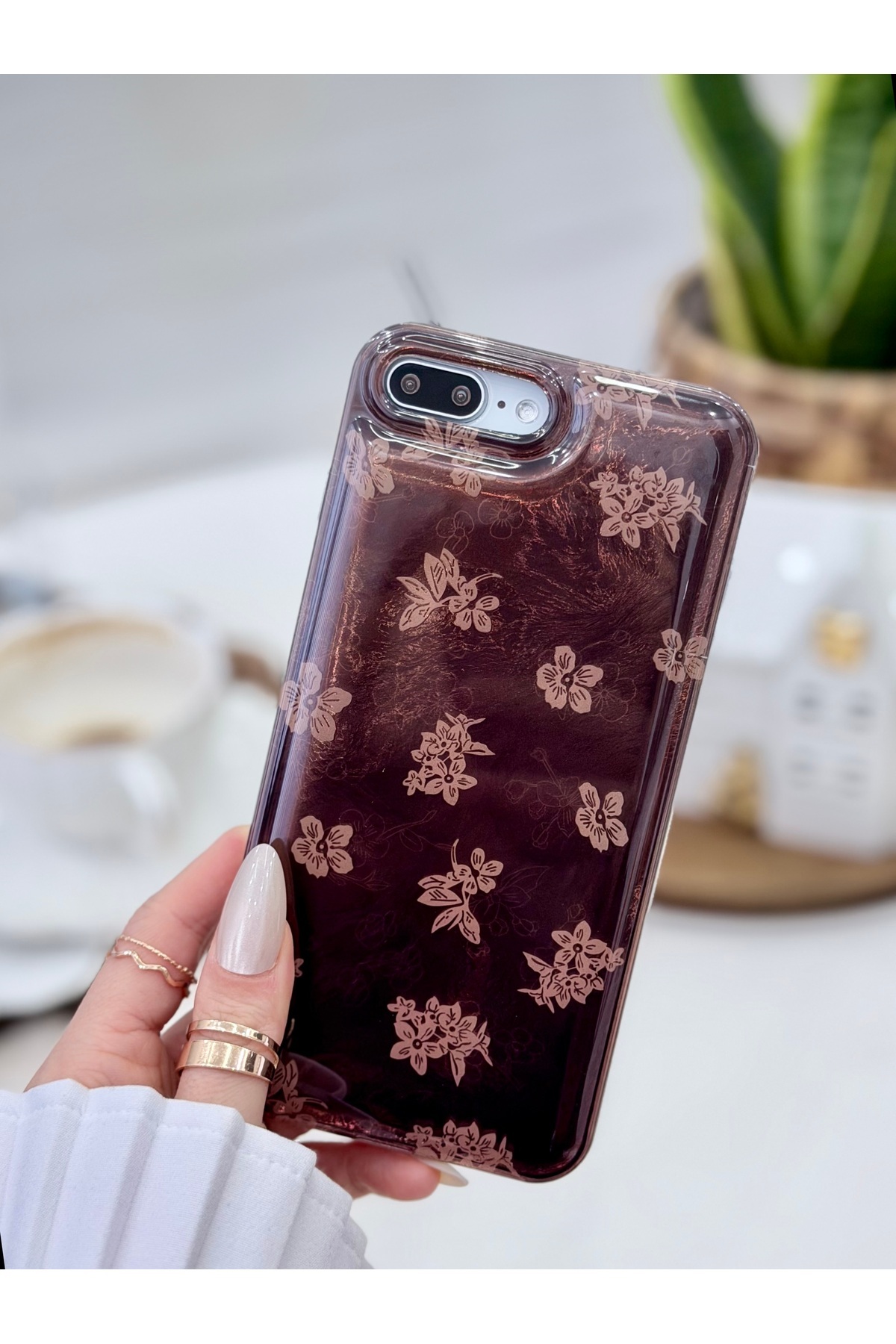 Iphone 7 Plus And 8 Plus Compatible Shine Brown Flower Color Pattern Pattern Silicone Case