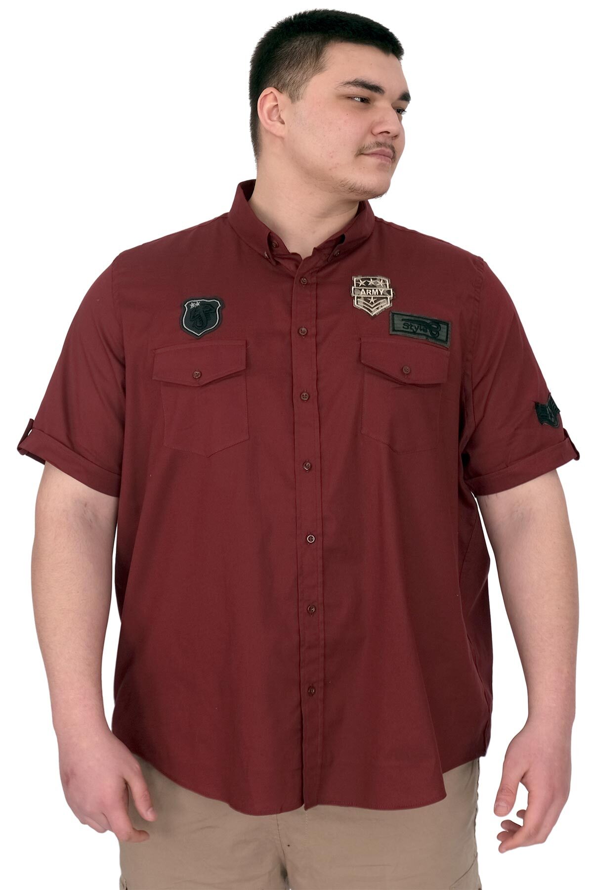 ModeXL Mode XL Büyük Beden Erkek Gömlek Çift Kapaklı Gabardin U25601B Bordo
