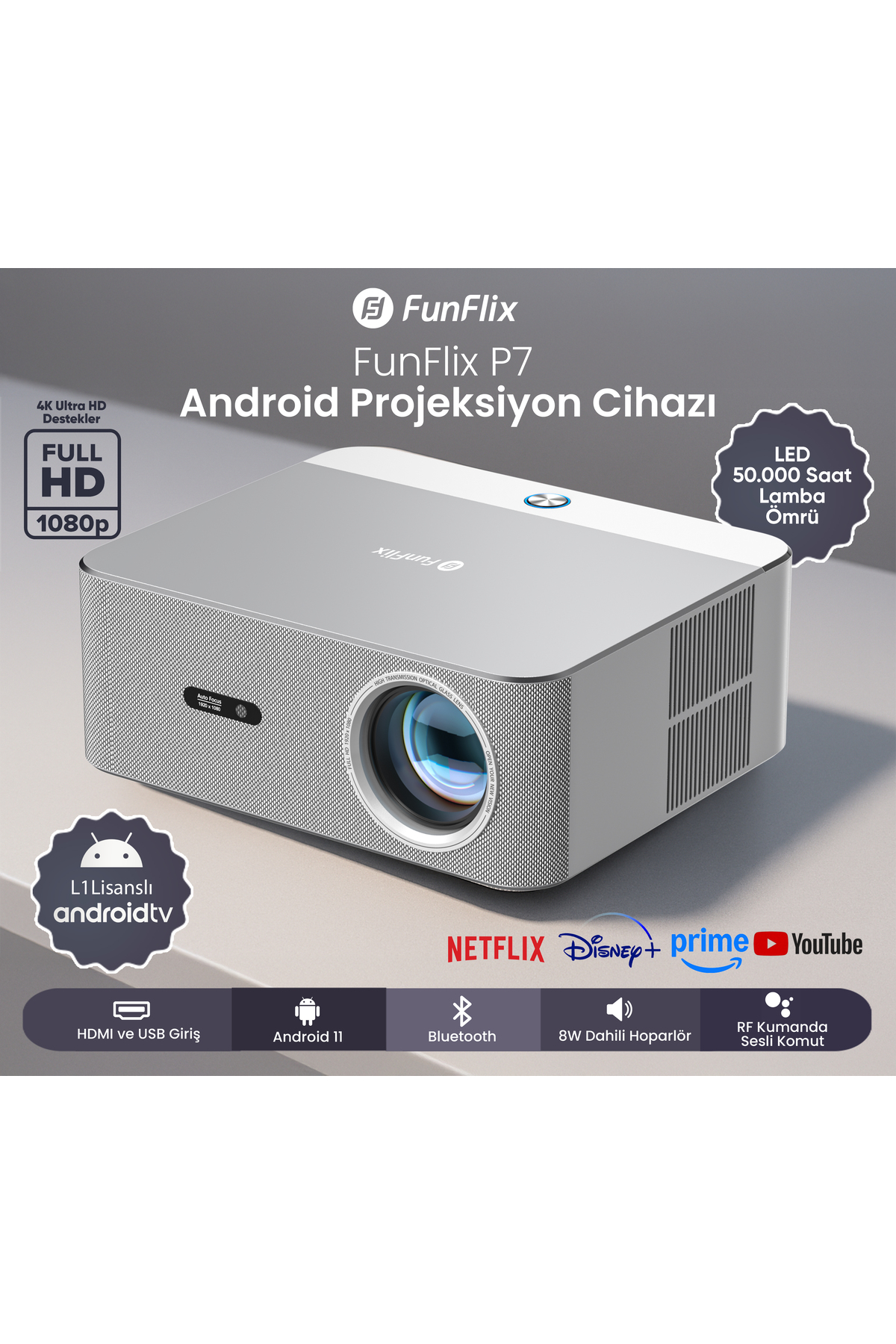 FunFlix P7 Android 4K Destekli LED Full HD Projeksiyon Cihazı, Lisanslı Android TV, Bluetooth, 8W