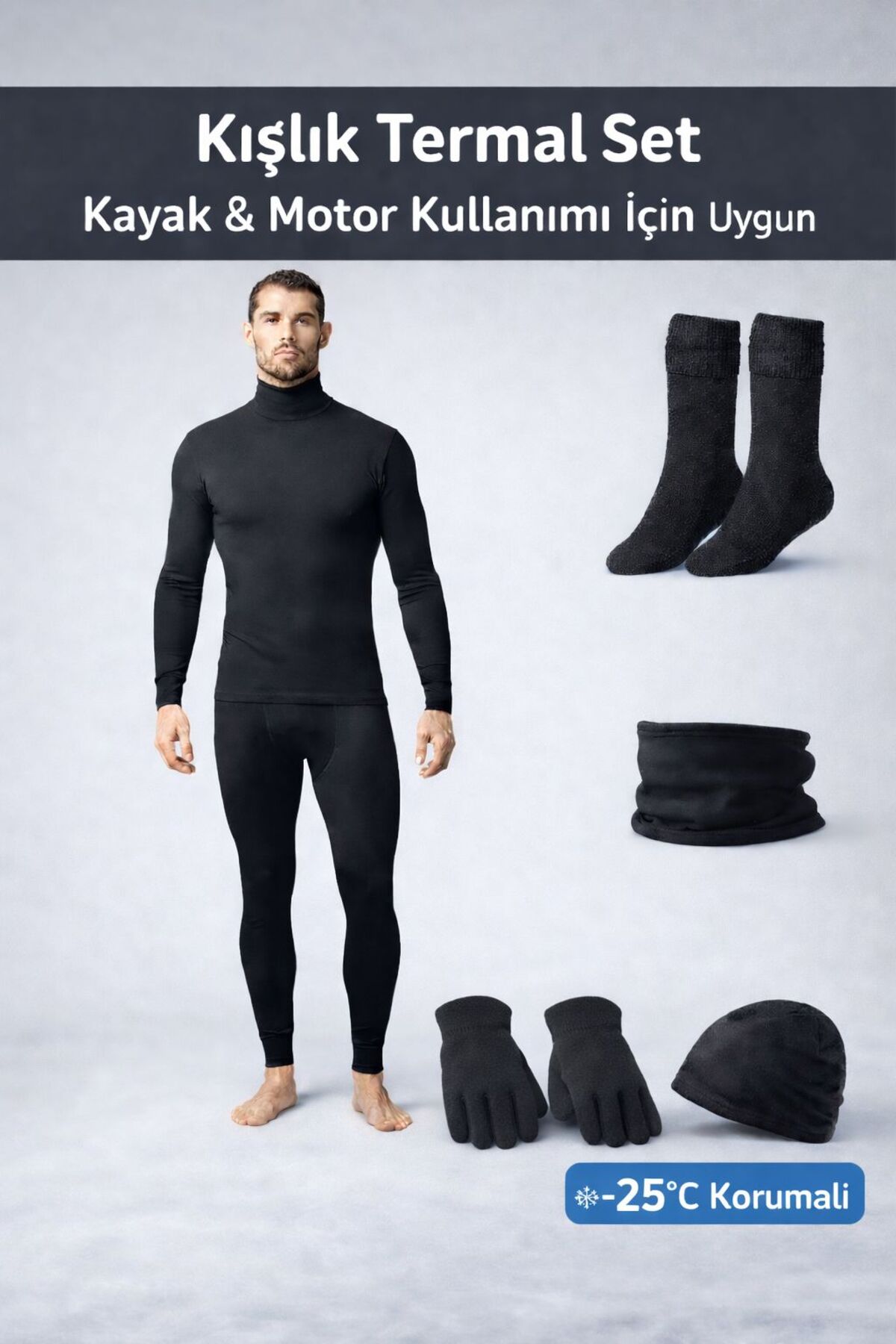 Namaldı Erkek Kışlık Termal Set Boğazlı İçlik Tayt Eldiven Bere Boyunluk Çorap, Kayak & Motor İçin Premium