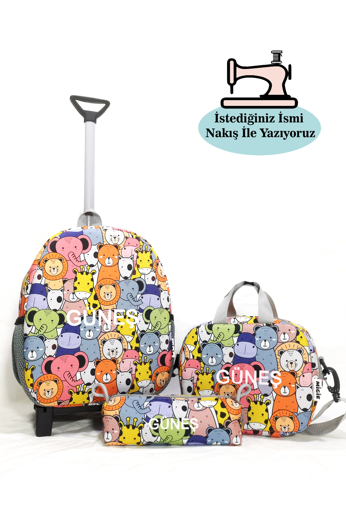 2-7 Year Old Squeegee Bags with Personalized Names +Lunch Bag+ Nursery/Kindergarten Set with Pencil Colored Animals