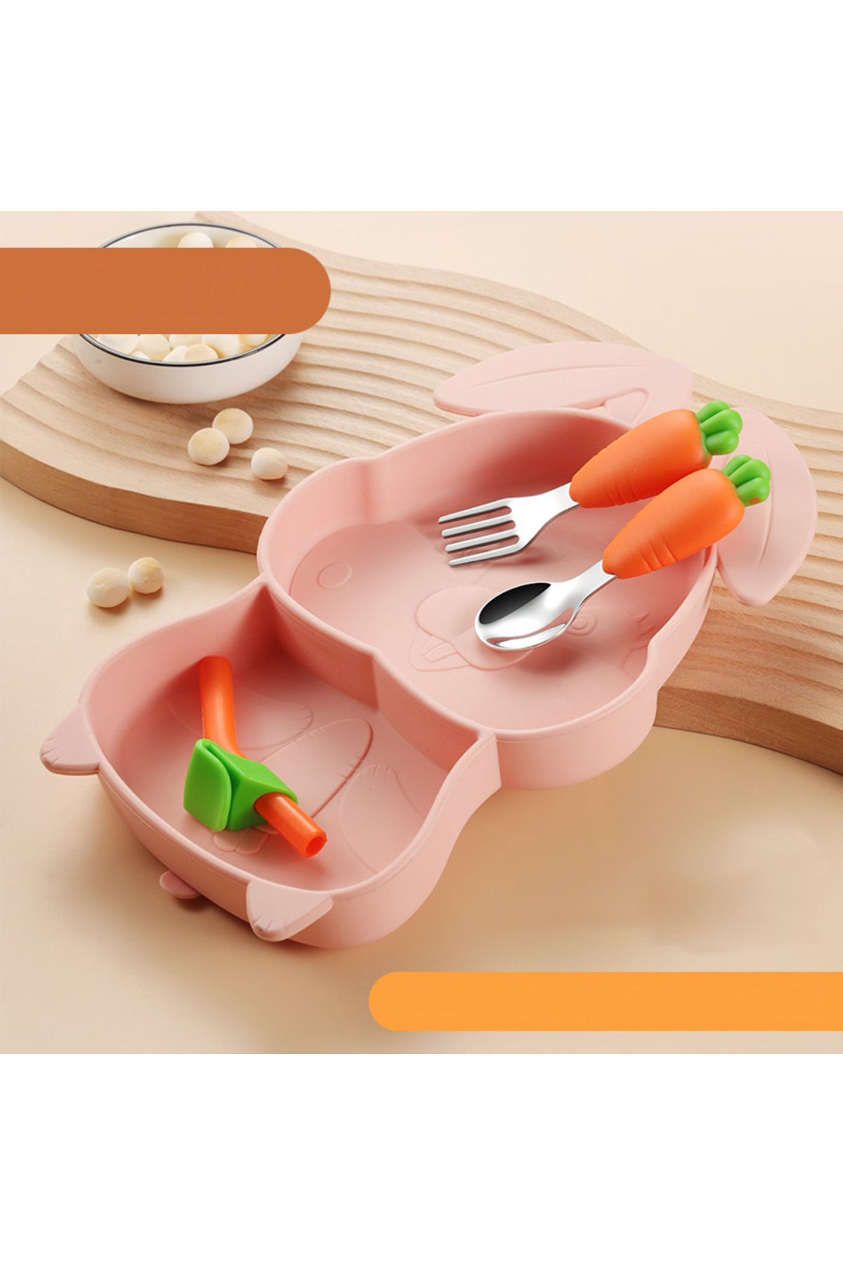 jojobebek Pembe Vakumlu Silikon Mama Tabağı, Silikon Saplı Metal Uçlu Çatal Ve Kaşık ( Tavşan Figürlü ) fotoğrafı 4 (önizleme)