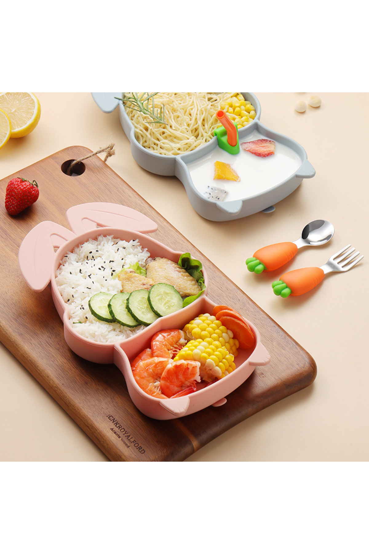 jojobebek Pembe Vakumlu Silikon Mama Tabağı, Silikon Saplı Metal Uçlu Çatal Ve Kaşık ( Tavşan Figürlü ) fotoğrafı 3 (önizleme)