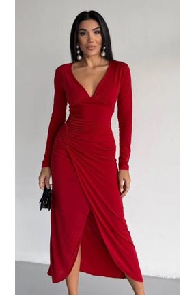 shop Kadın Kırmızı Uzun Kollu V Yaka Yırtmaçlı Drapeli Elbise | Şık ve Zarif ...