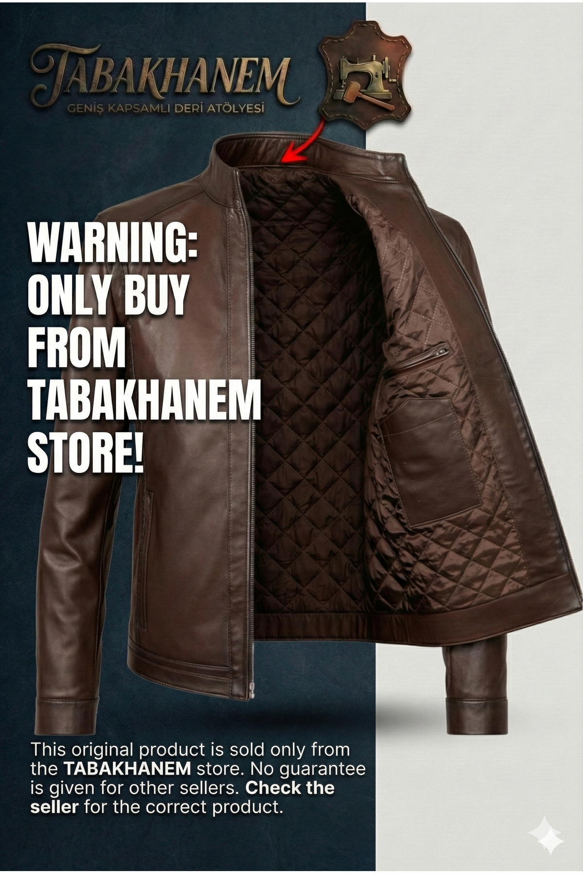 VELZANA  Erkek Kahverengi Hakiki Deri Ceket – Dik Yaka, Puntolu Kapitone Astar, Fermuarlı, Cepli - Görsel 5