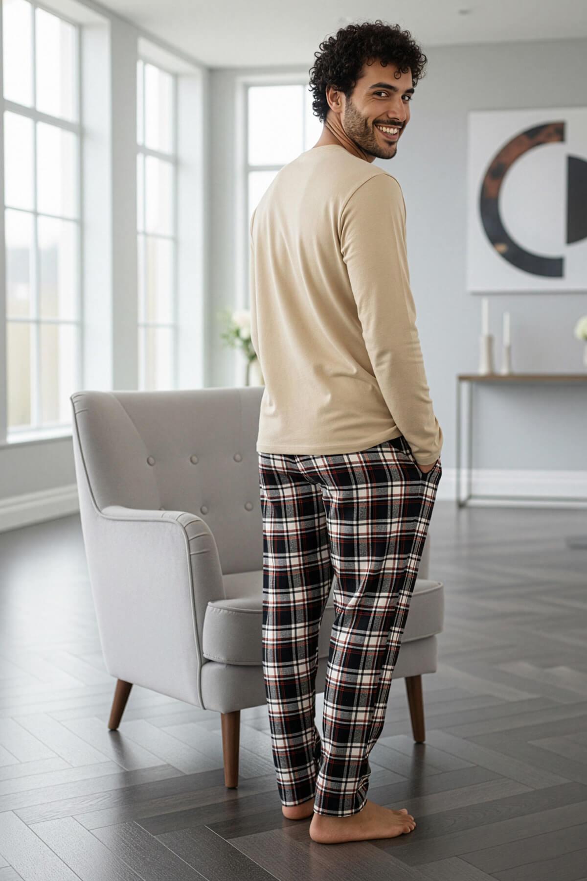 Pijamaevi Bej Stylish Erkek Uzun Kol Pijama Takımı görsel 6