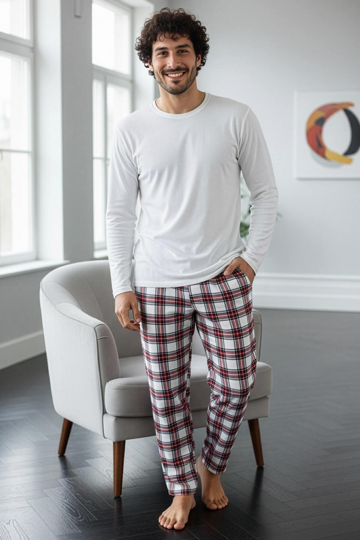 Pijamaevi Beyaz Stylish Erkek Uzun Kol Pijama Takımı görsel 6