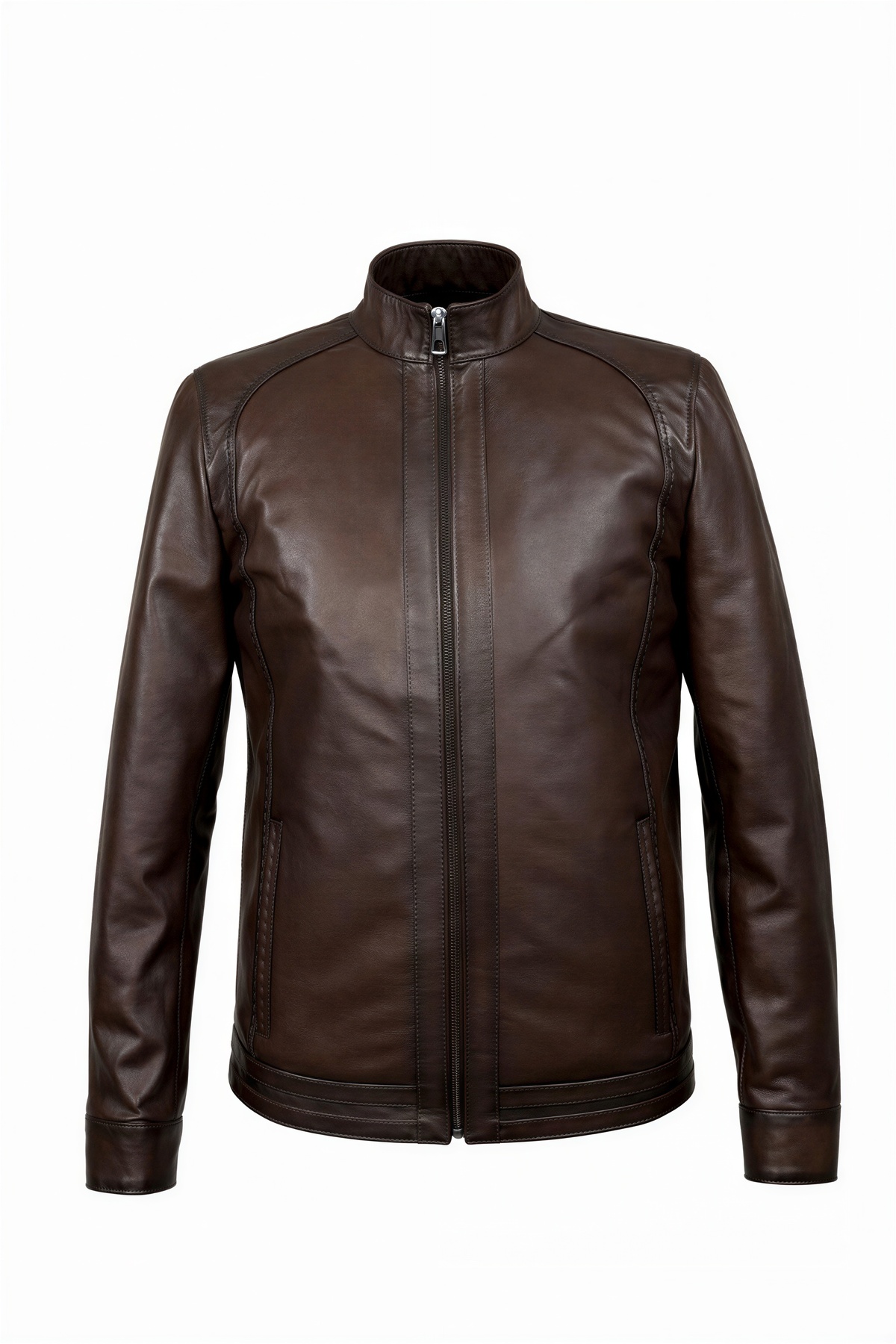 VELZANA  Erkek Kahverengi Hakiki Deri Ceket – Dik Yaka, Puntolu Kapitone Astar, Fermuarlı, Cepli - Görsel 2