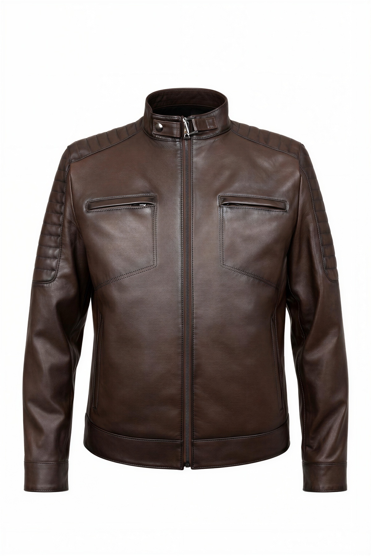 VELZANA  Erkek Kuzu Derisi Deri Ceket Kahverengi – Slim Fit, Fermuarlı, Kapitone Omuz Detay - Görsel 2