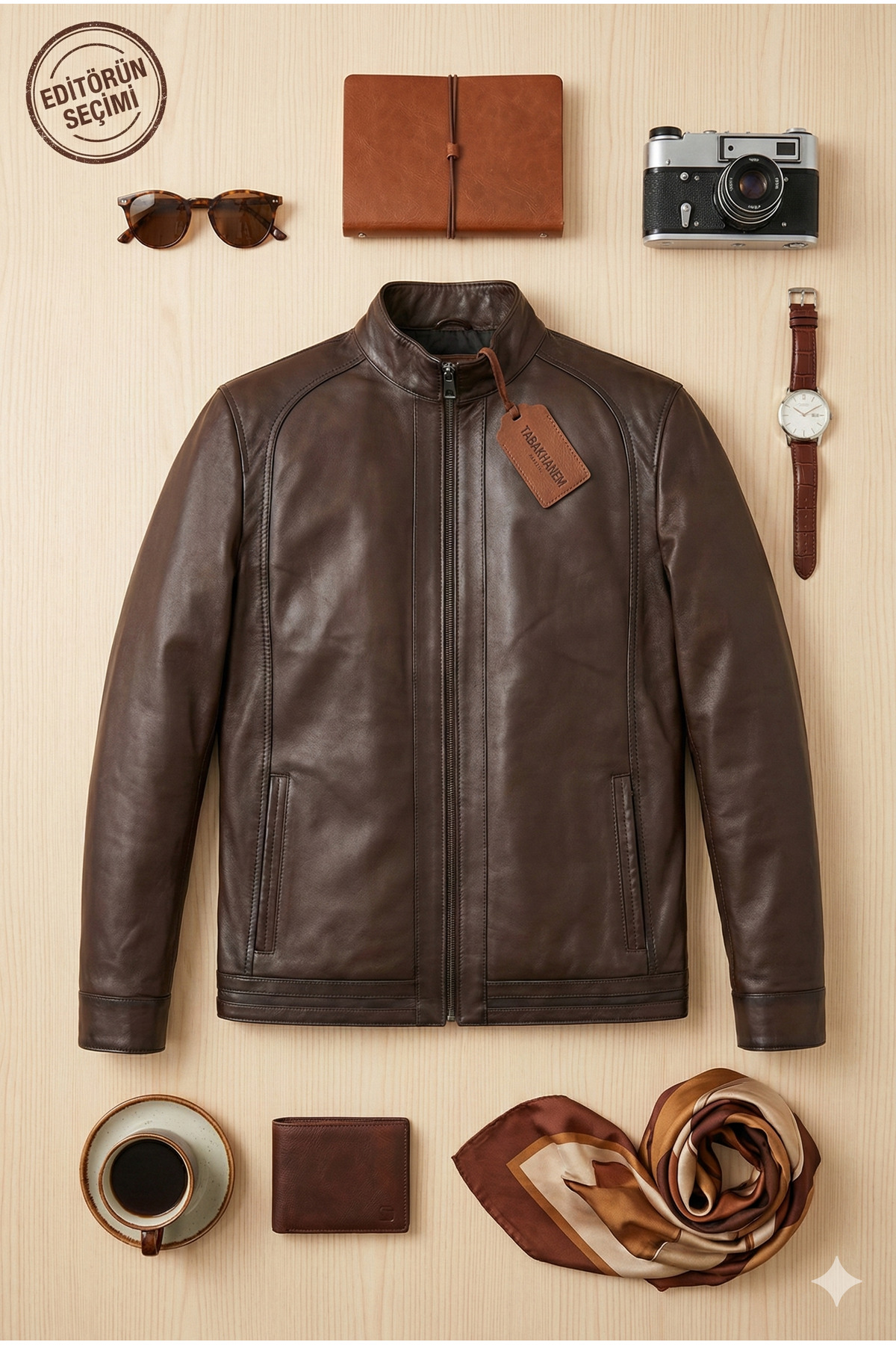VELZANA  Erkek Kahverengi Hakiki Deri Ceket – Dik Yaka, Puntolu Kapitone Astar, Fermuarlı, Cepli - Görsel 4