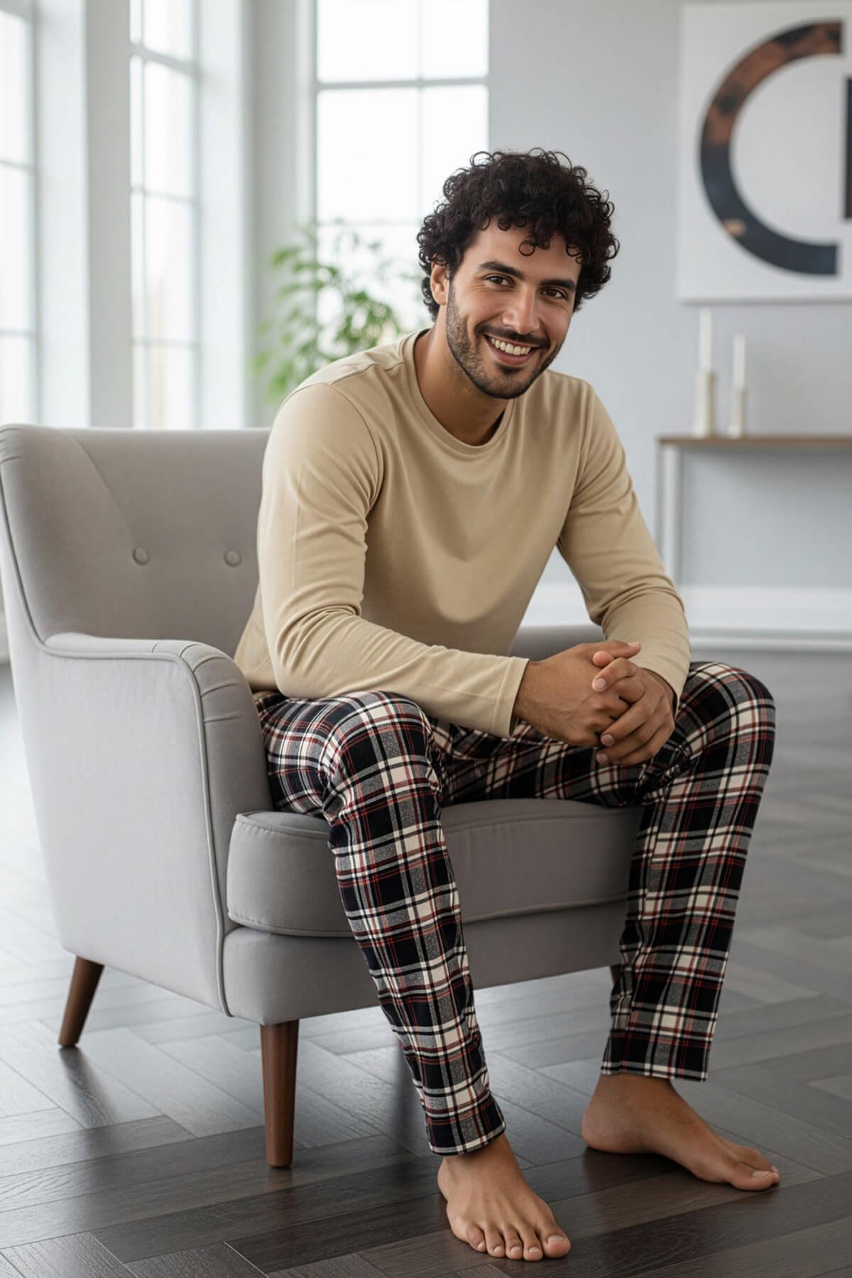 Pijamaevi Bej Stylish Erkek Uzun Kol Pijama Takımı görsel 2
