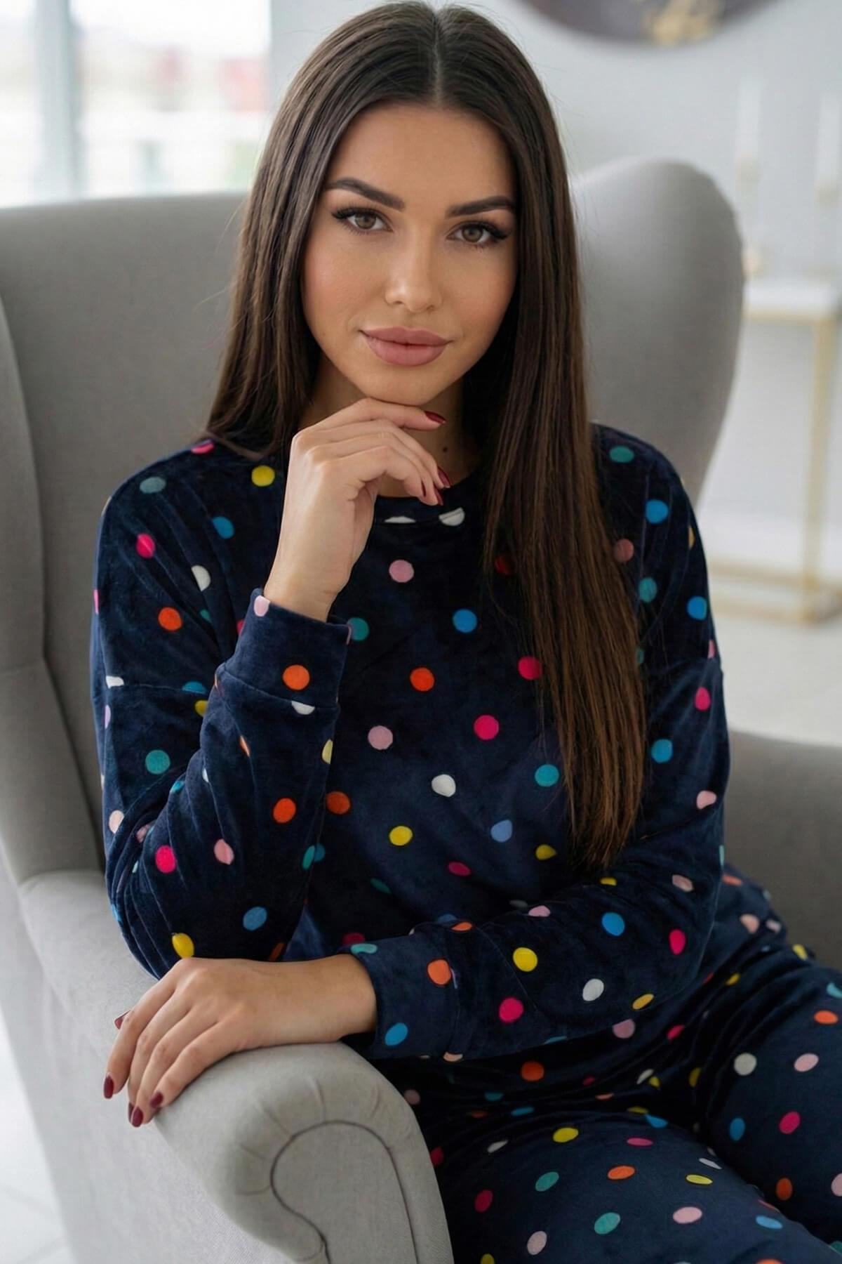 Pijamaevi Lacivert Puan Desenli Veloura Soft Kadın Pijama Takımı