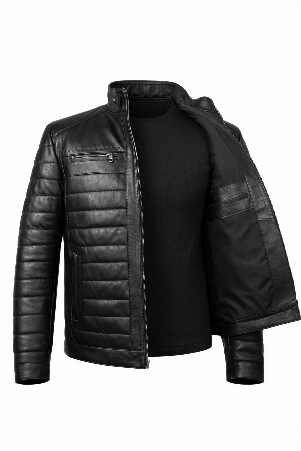 VELZANA  Erkek Hakiki Deri Puntolu Ceket Siyah | Dik Yaka, Kapitone Şeritli, Fermuarlı, Çift Göğüs Cepli