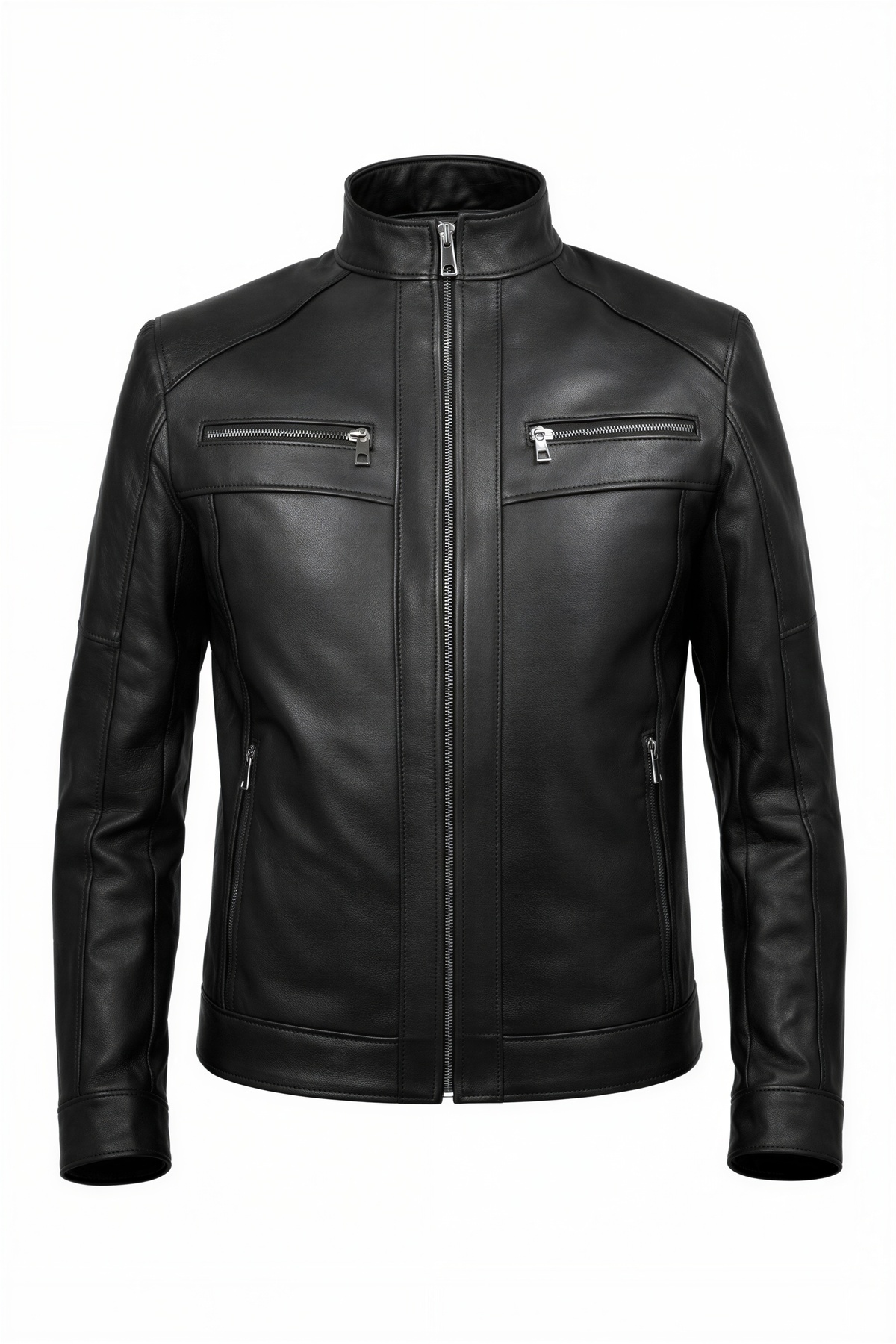 VELZANA  Erkek Hakiki Deri Siyah Dik Yaka Deri Ceket | Kapitoneli Astarlı, Fermuarlı, Göğüs Fermuar Cepli - Görsel 2