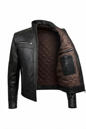 VELZANA Erkek Hakiki Deri Siyah Dik Yaka Deri Ceket | Kapitoneli Astarlı, Fer...