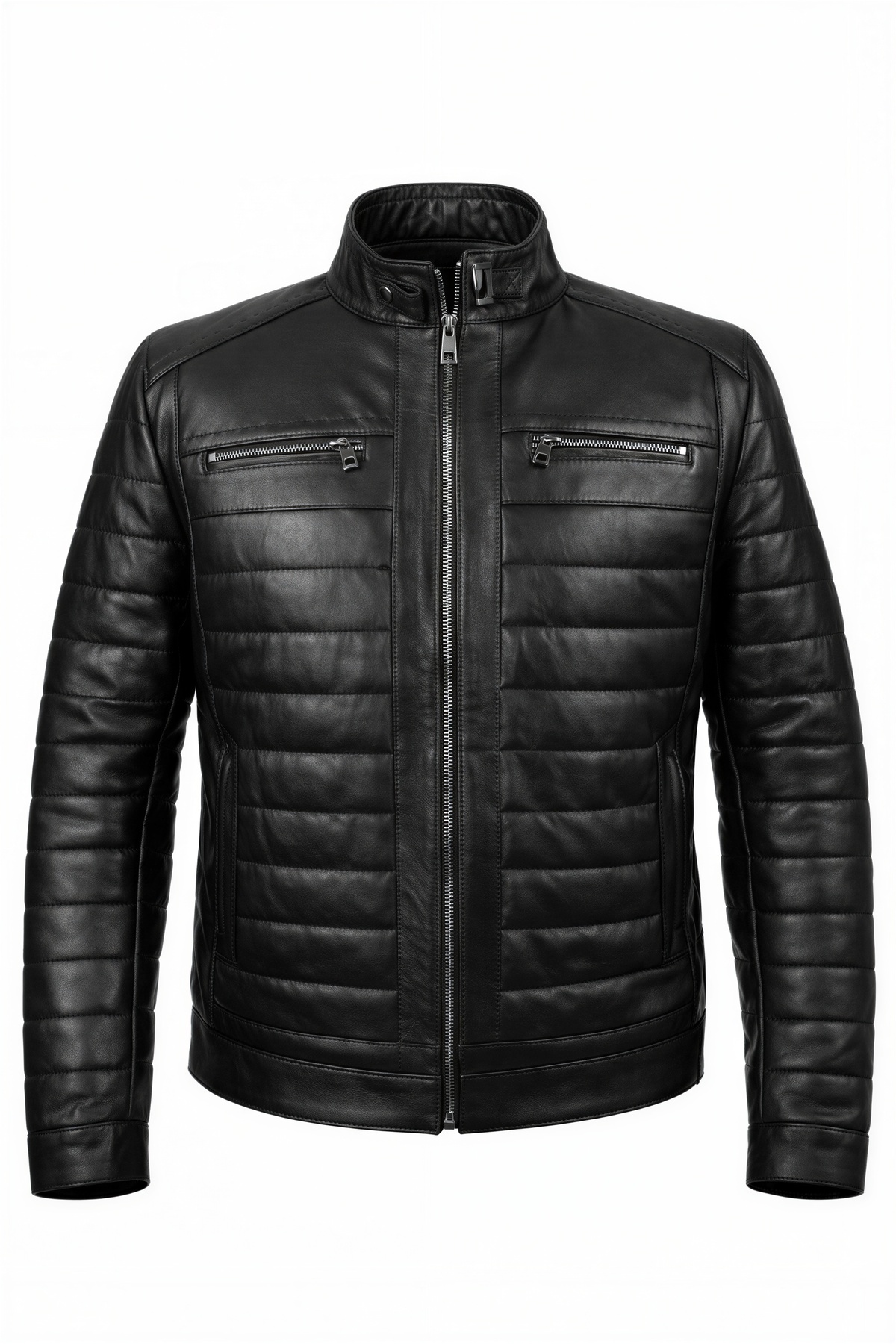 VELZANA  Erkek Hakiki Deri Puntolu Ceket Siyah | Dik Yaka, Kapitone Şeritli, Fermuarlı, Çift Göğüs Cepli - Görsel 2