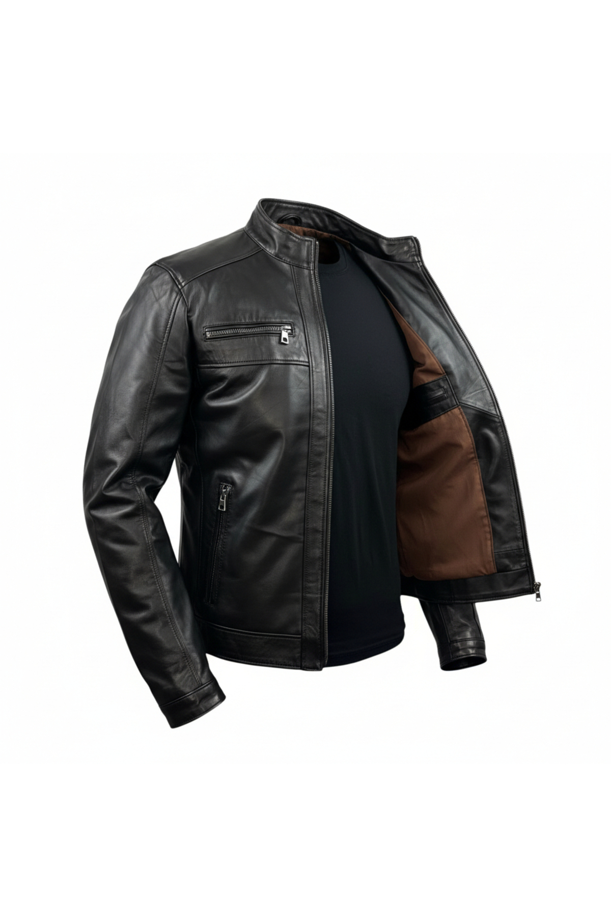 VELZANA  Erkek Hakiki Deri Ceket Dik Yaka Fermuarlı Klasik Siyah